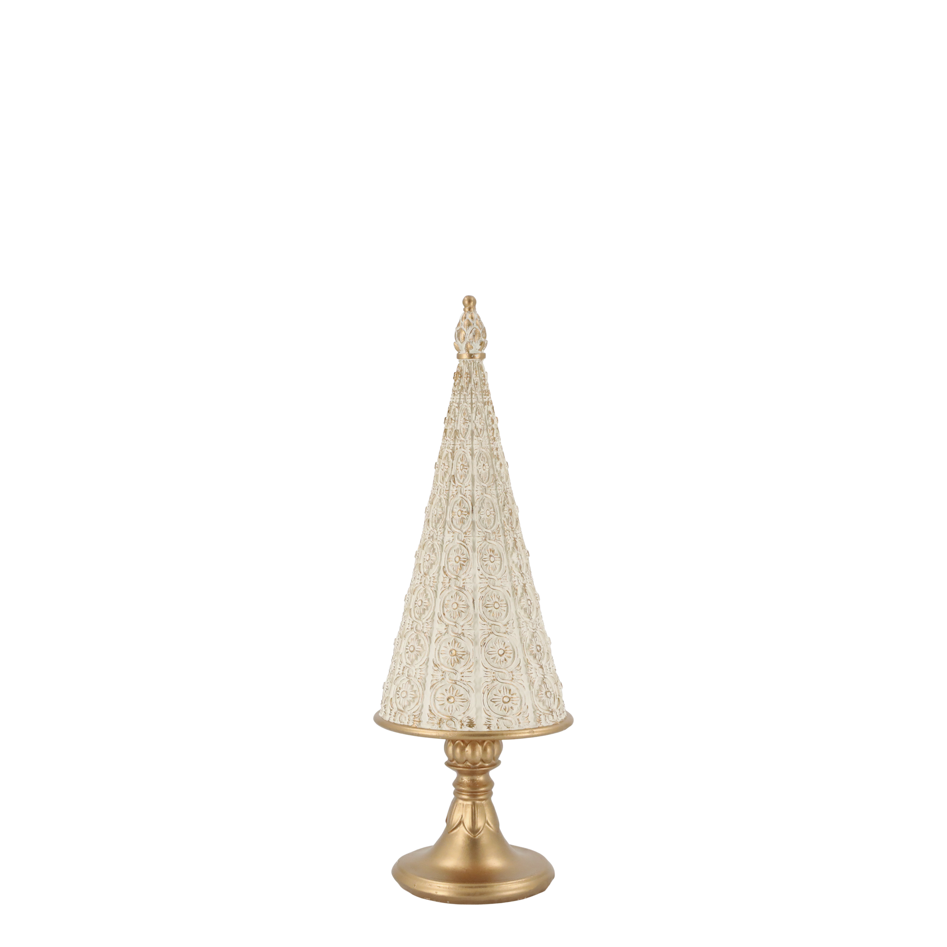 Decorative cone-shaped object with textured surface on a gold stand against a white background