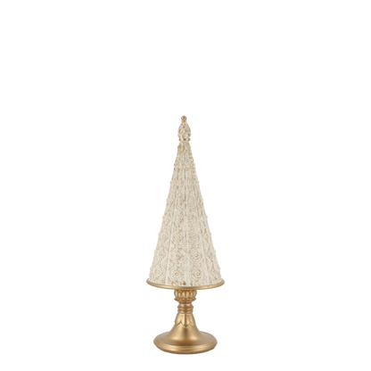 Decorative cone-shaped object with textured surface on a gold stand against a white background