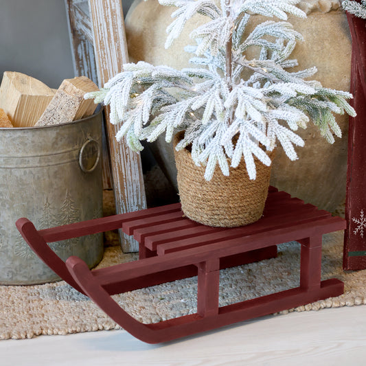 Red sled with a small potted tree on a neutral background