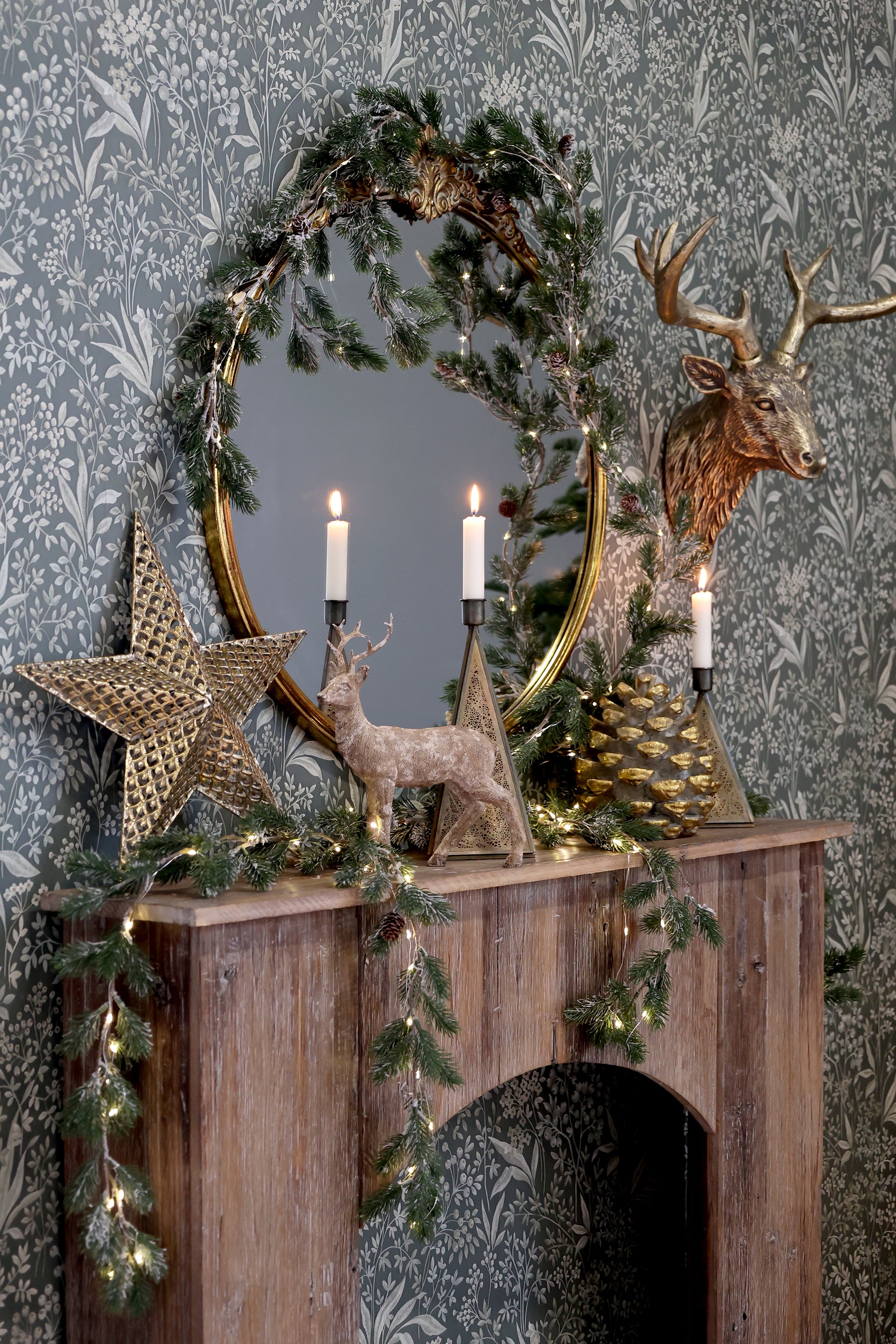 Brass star on a wooden mantle