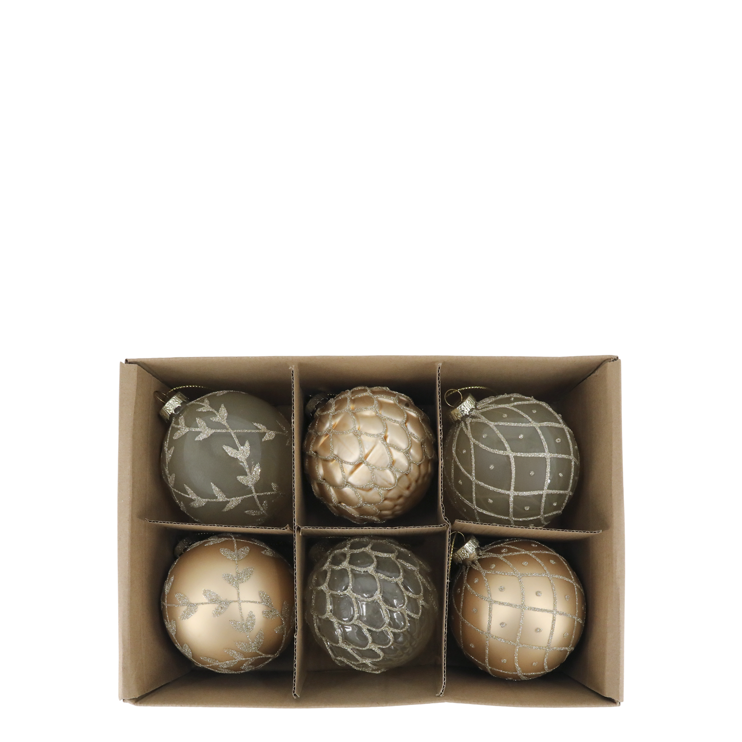 Set of six decorative balls in a cardboard box on a white background