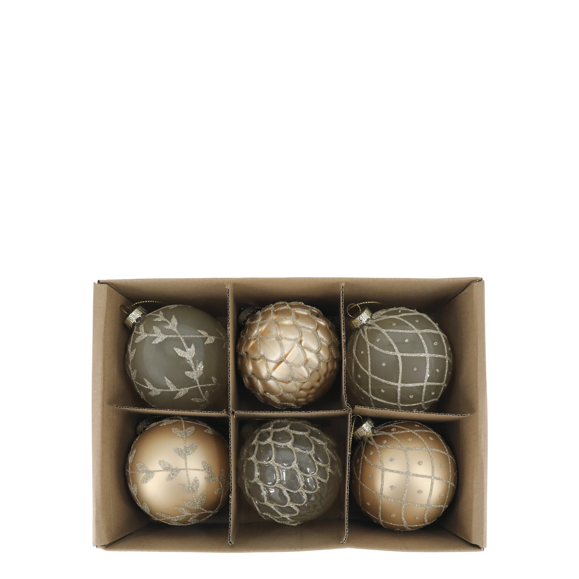 Set of six decorative balls in a cardboard box on a white background