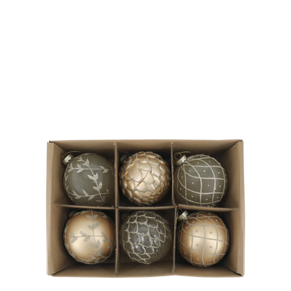 Set of six decorative balls in a cardboard box on a white background