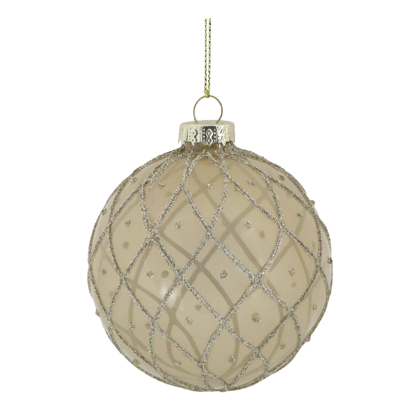 Decorative beige Christmas ball ornament with silver glittery pattern on a white background