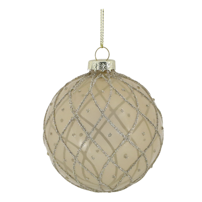 Decorative beige Christmas ball ornament with silver glittery pattern on a white background