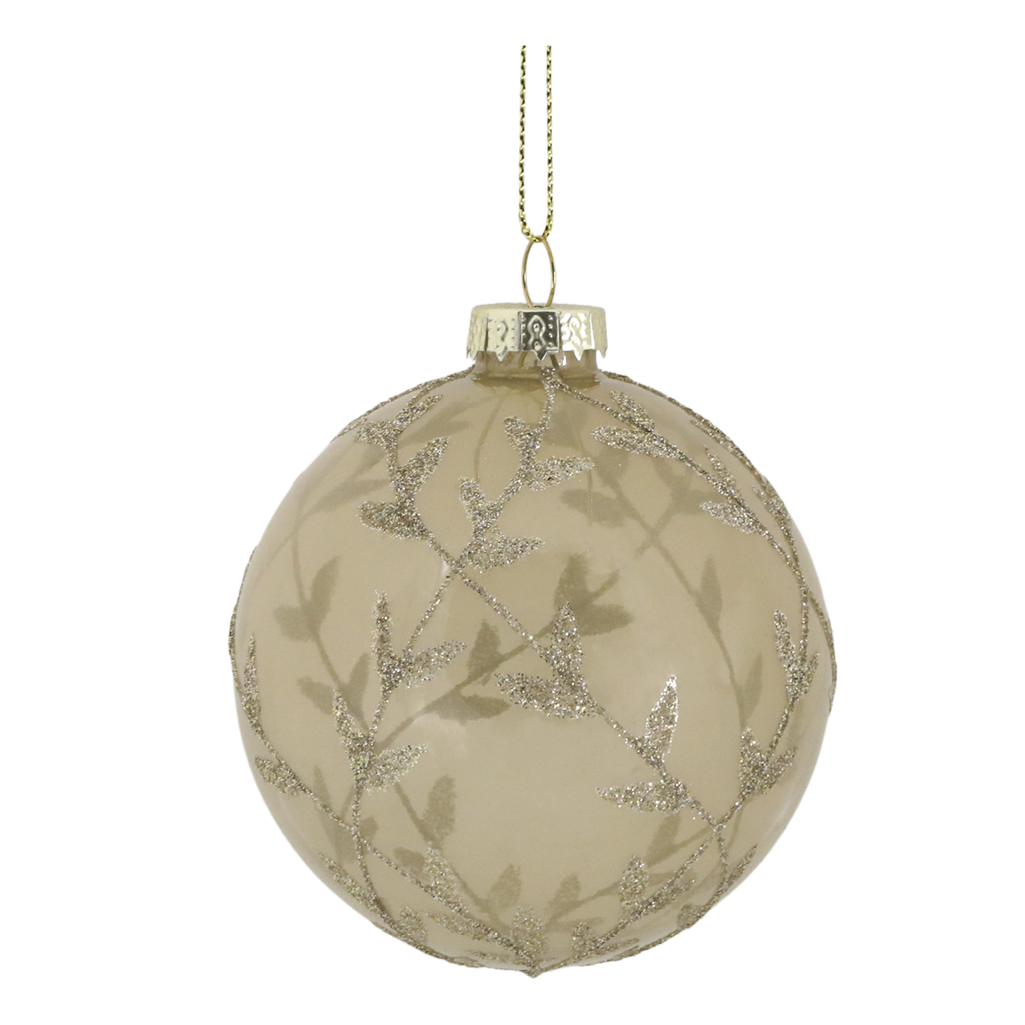 Beige Christmas ornament with silver glittery patterns on a white background