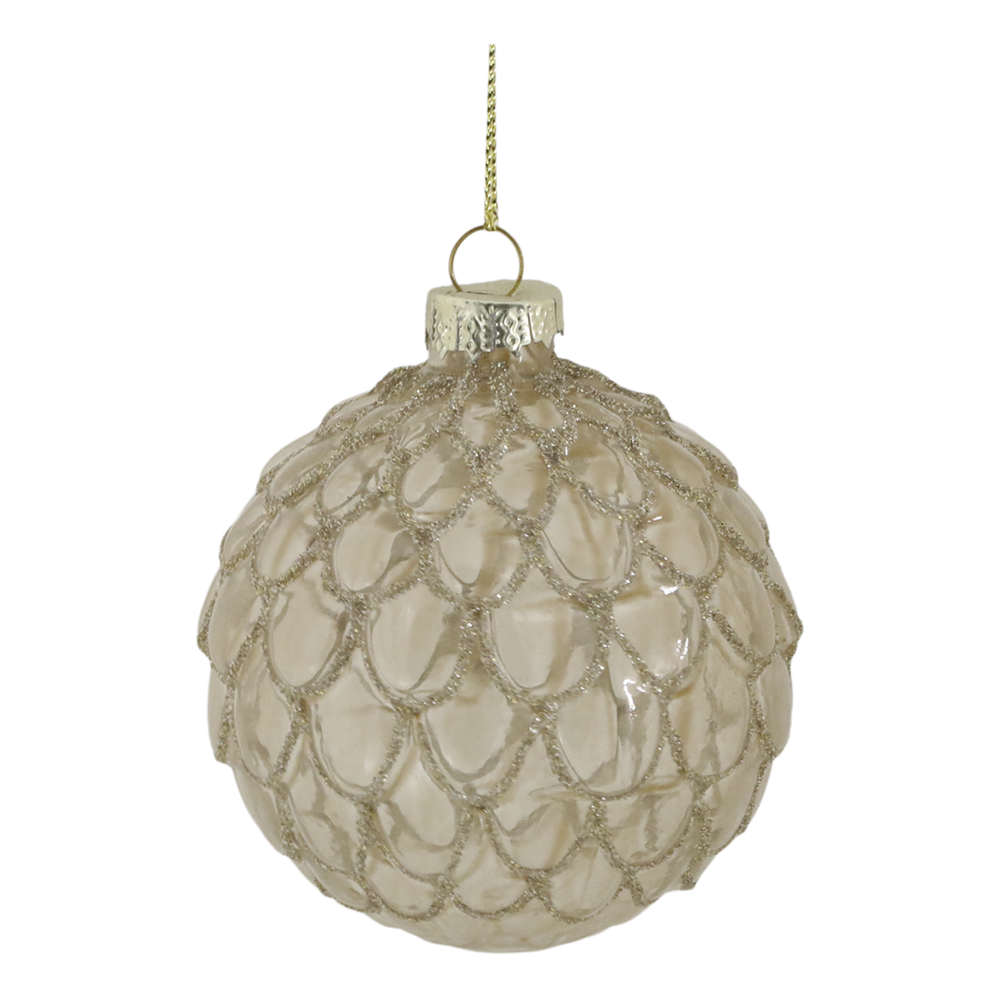 Decorative glass ornament with textured surface on a white background