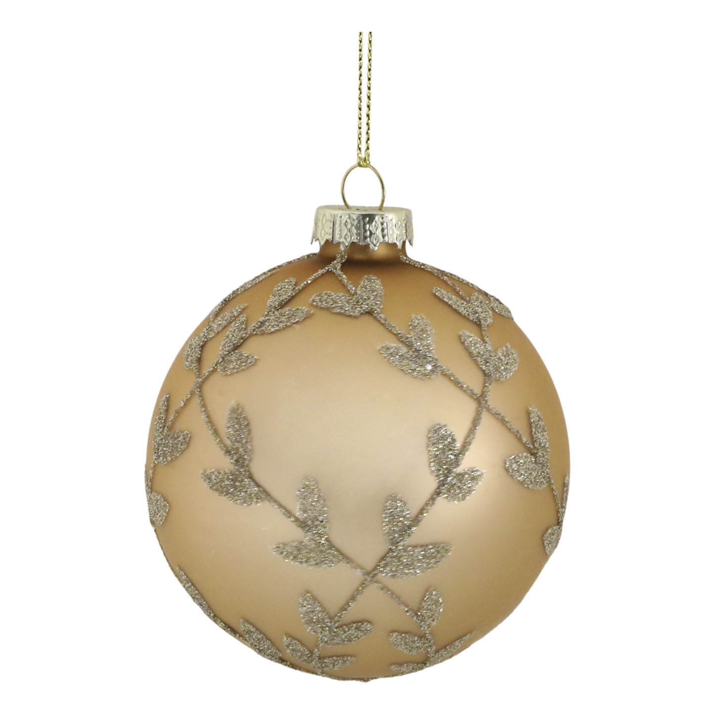 Gold Christmas ornament with silver leaf pattern on a white background