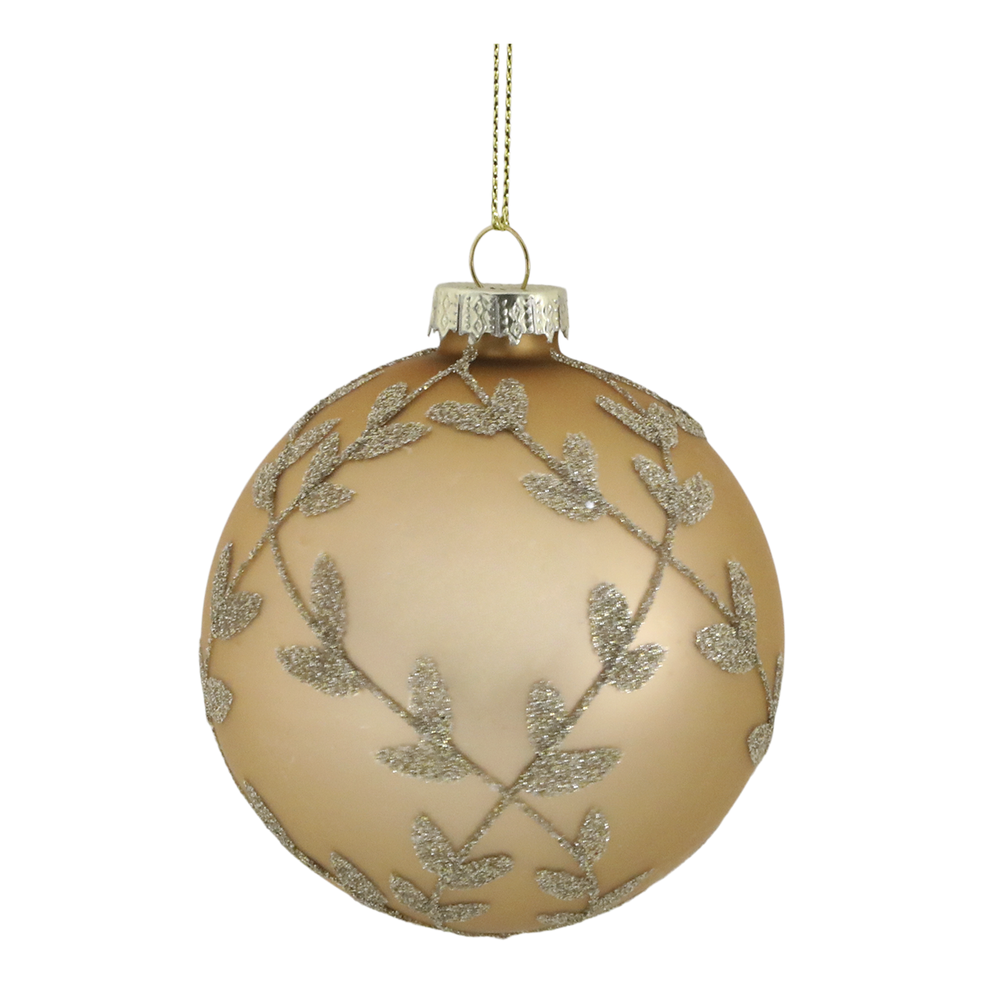 Gold Christmas ornament with silver leaf pattern on a white background