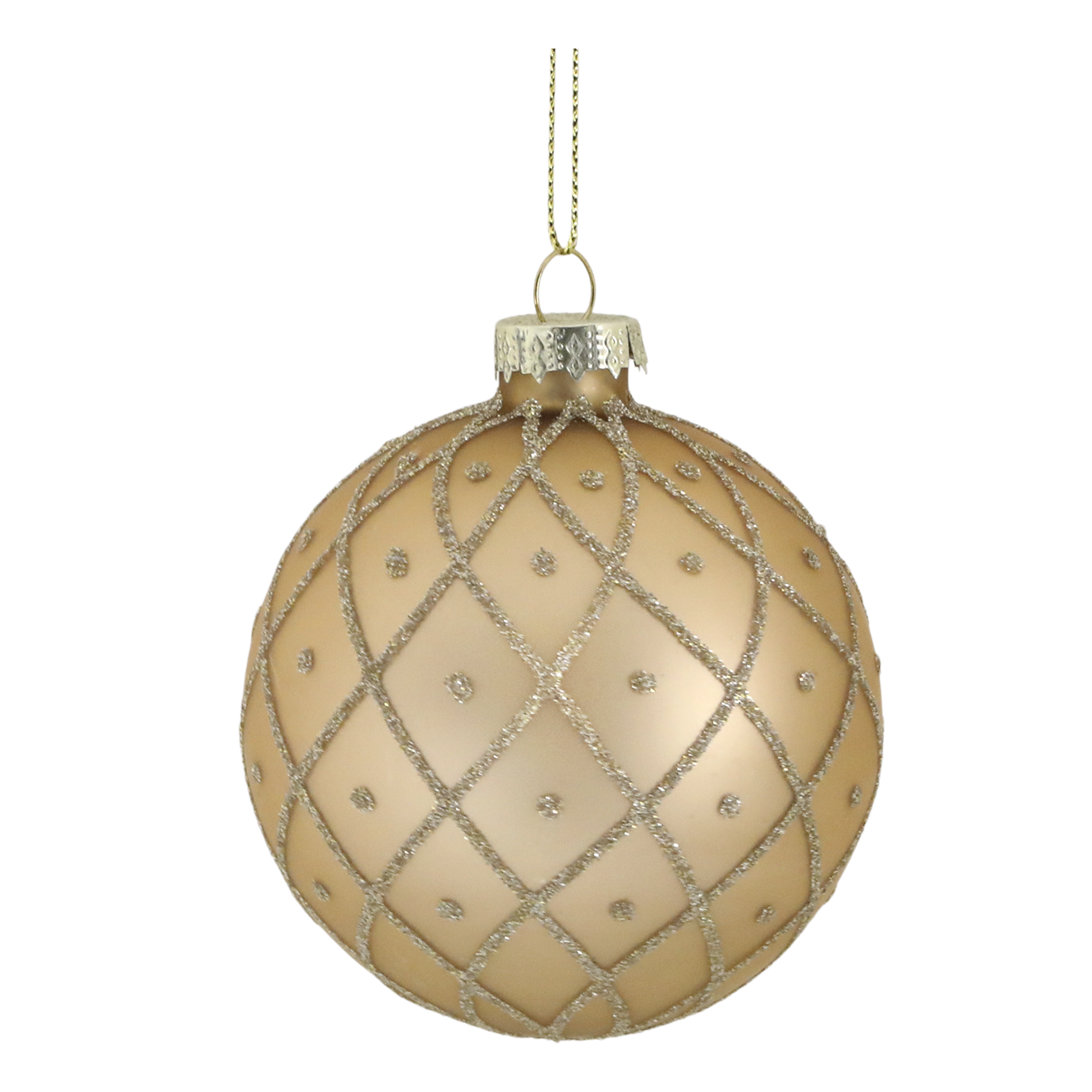 Decorative beige Christmas ball ornament with silver glitter pattern on a white background