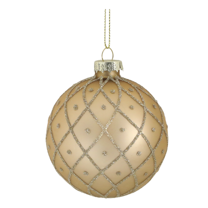 Decorative beige Christmas ball ornament with silver glitter pattern on a white background