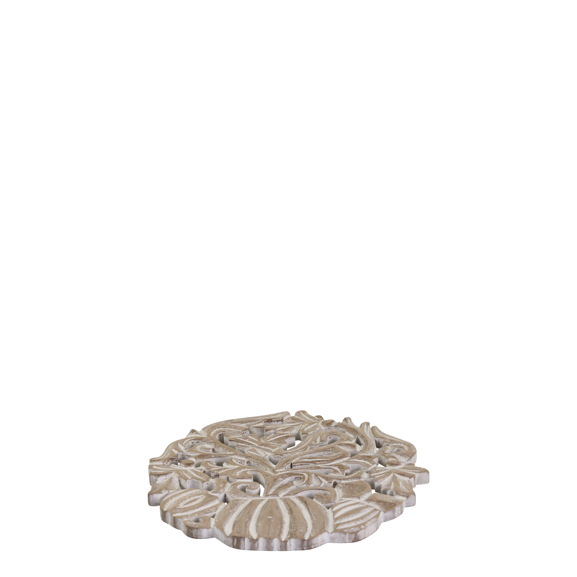 Decorative round stone with intricate patterns on a white background