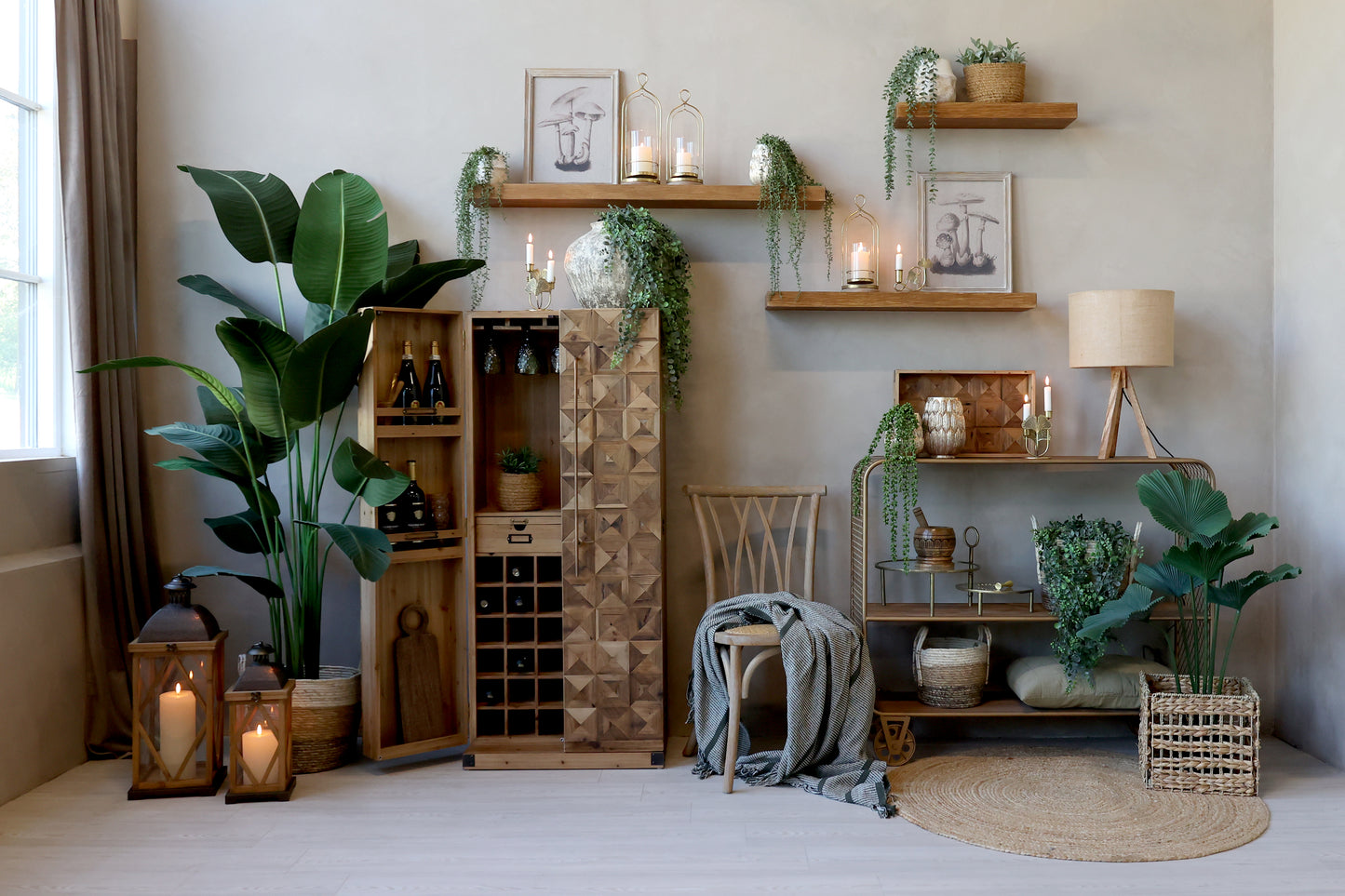 Living room with wooden shelves, plants, and decorative items.