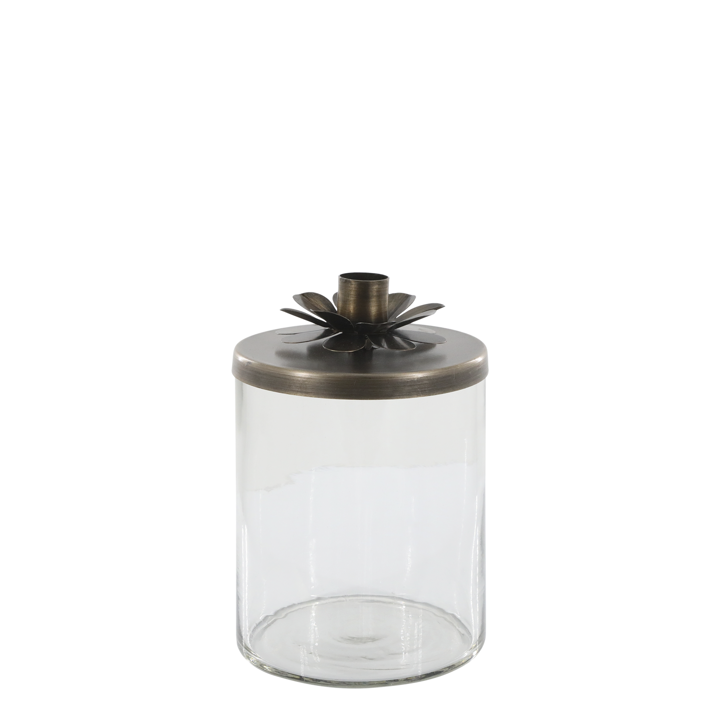 Clear glass jar with a bronze lid on a white background