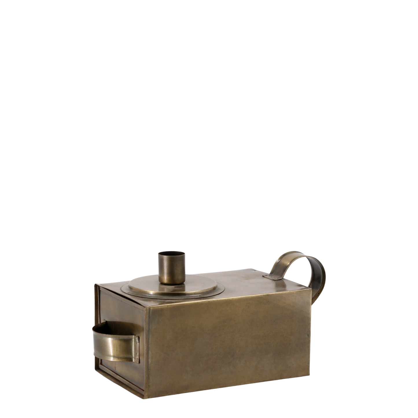 Bronze-colored metal container with a handle on a white background