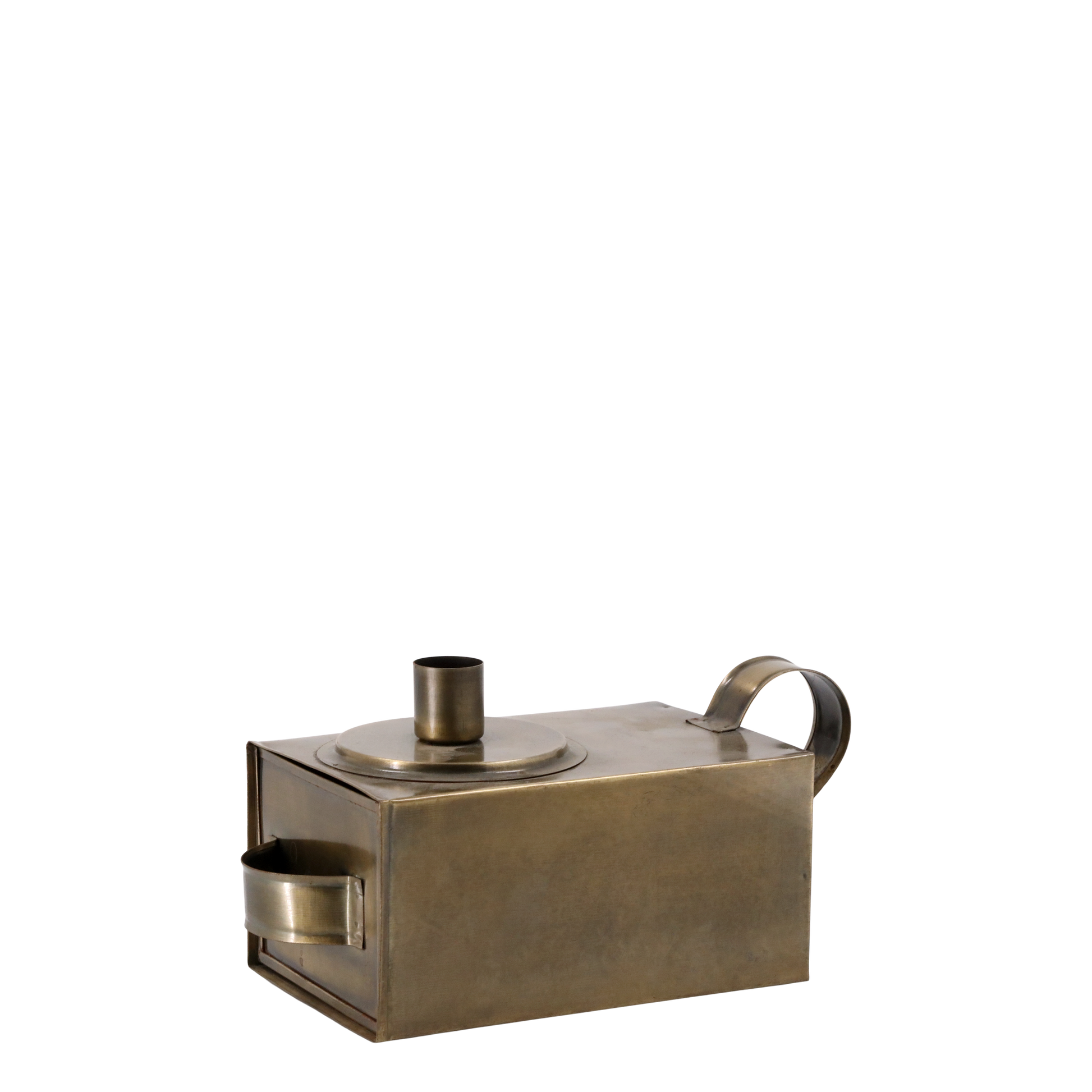 Bronze-colored metal container with a handle on a white background