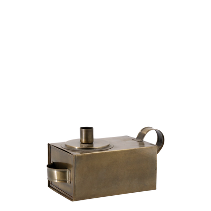 Bronze-colored metal container with a handle on a white background