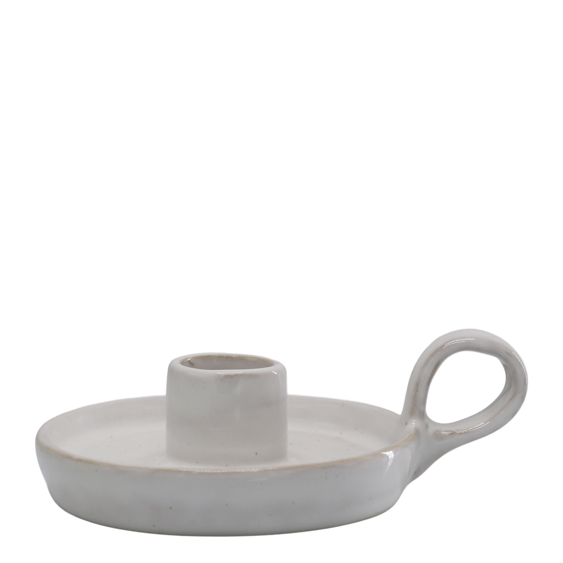 Ceramic candle holder with a handle on a white background