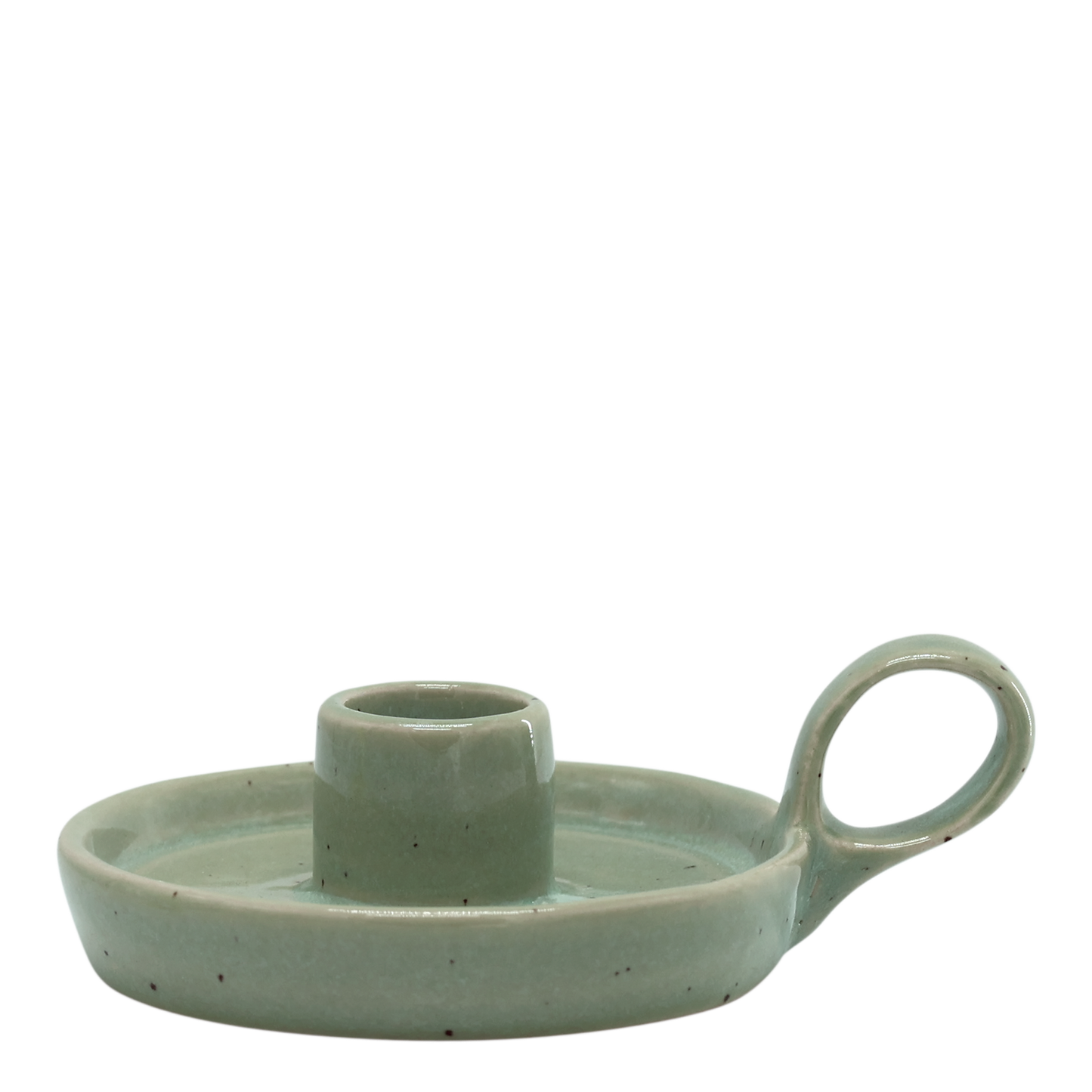 Green ceramic candle holder with handle on a white background