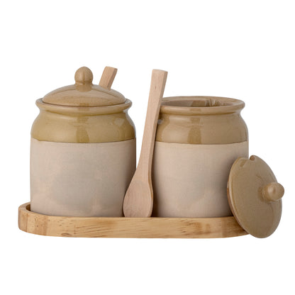 Generosa HOme-The Elaf Jar With Lid & Spoon from Creative Collection is a set of 2 stoneware jars on a little wooden tray. The jars are made of stoneware in amazing green & nature colors.