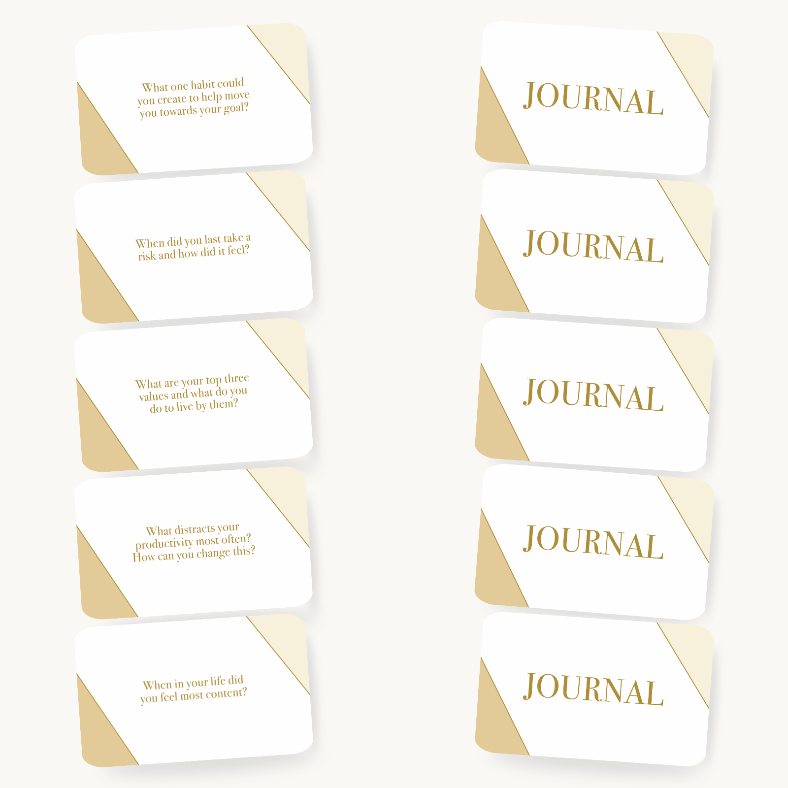 Set of journal cards with gold and white design on a white background