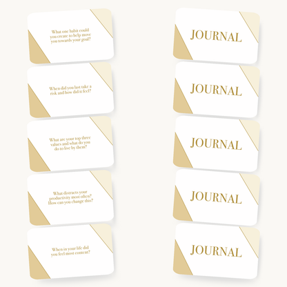 Set of journal cards with gold and white design on a white background