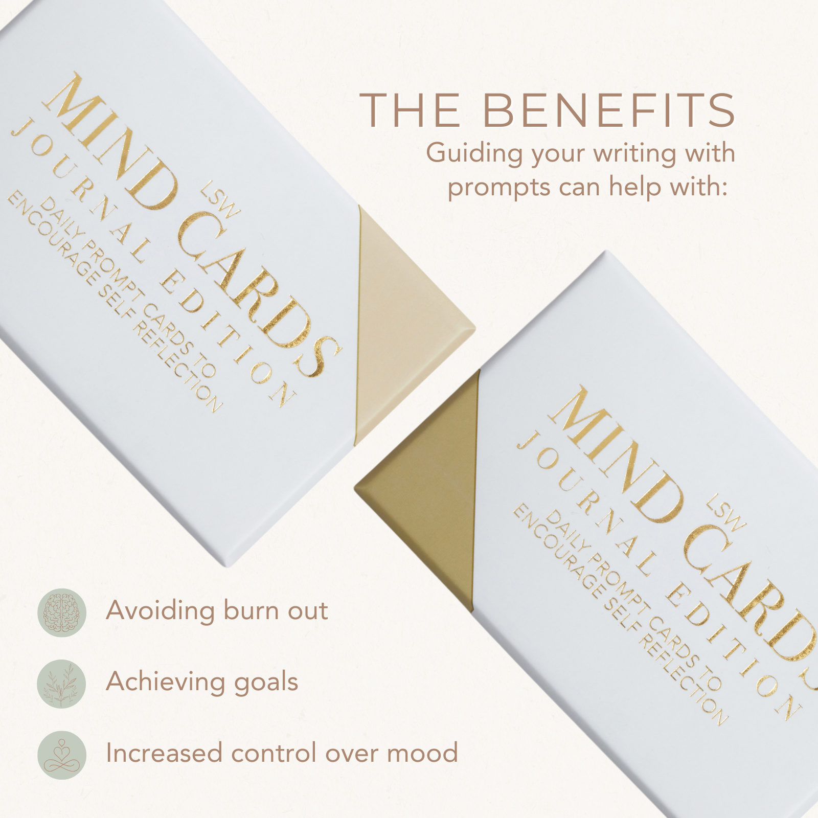 Two boxes of 'Mind Cards Journal Edition' with text about benefits on a white background.