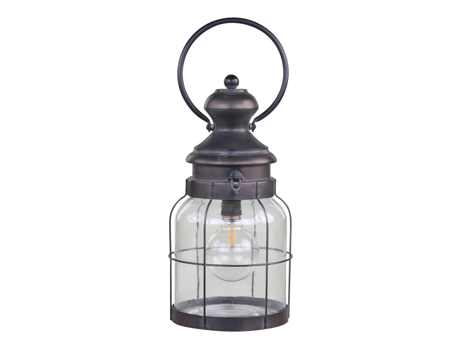 Never get caught if power goes out. These lanterns are perfect and safe for walking around a dark house. They make excellent night lights as well just adding ambiance to any room. Once turned on they will automatically shut off after 8 hours  Material: Zinc and glass Socket: E12 Watt: 0,1 can use up to 7  Battery: 2 pcs. AA Timer: 8 hours on/16 hours off  Dimensions: H36.5/D16.5 cm antique coal