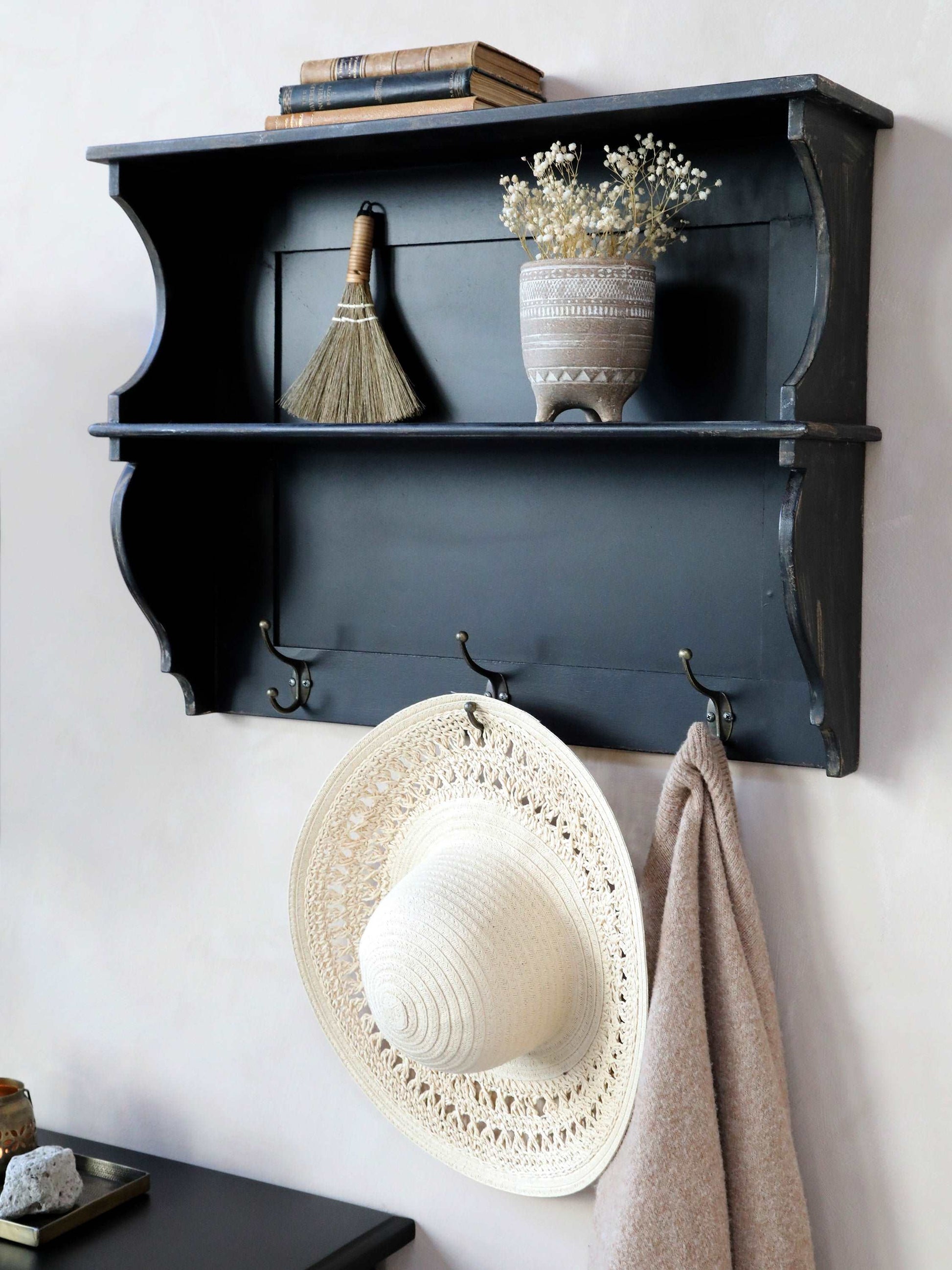 Black Wall Shelf with 3 Hooks