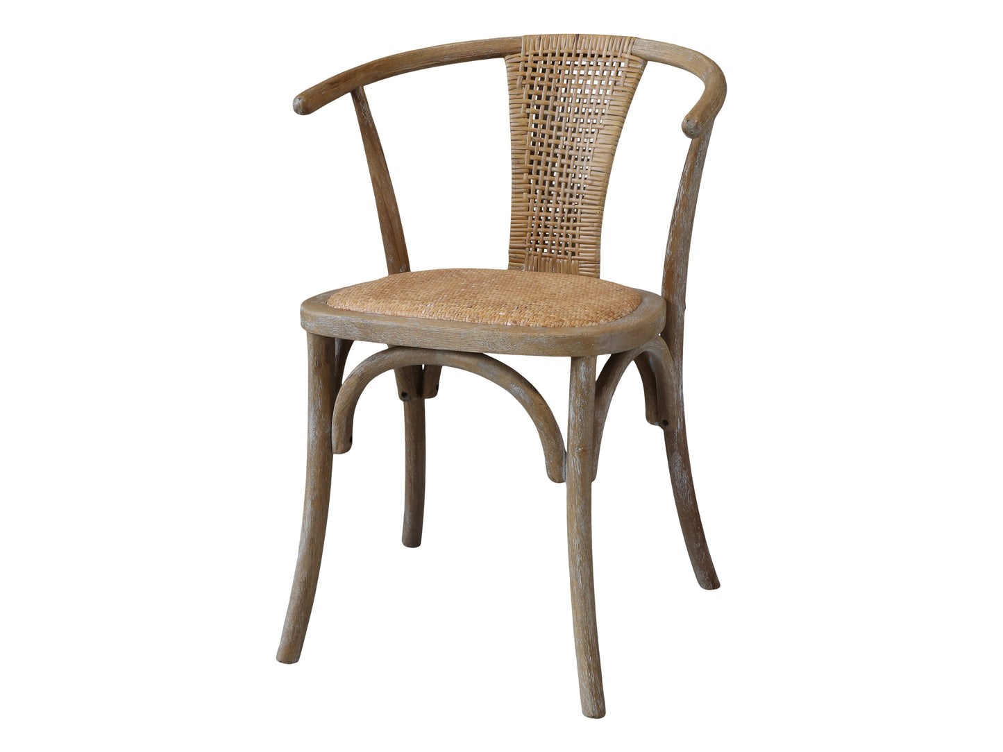 These French style chairs with wicker seat and rounded back are beautiful in a set around the dining table and equally as lovely as a standalone piece.   Dimensions: H79/L50/W45 cm  Material: Rubberwood and rattan Seat height: 46 cm Armrest height : 71 cm   