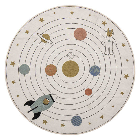 Rounded rug with space print - perfect for any kids room.  Dimensions: D130cm  Material: Cotton  Spot Clean Only