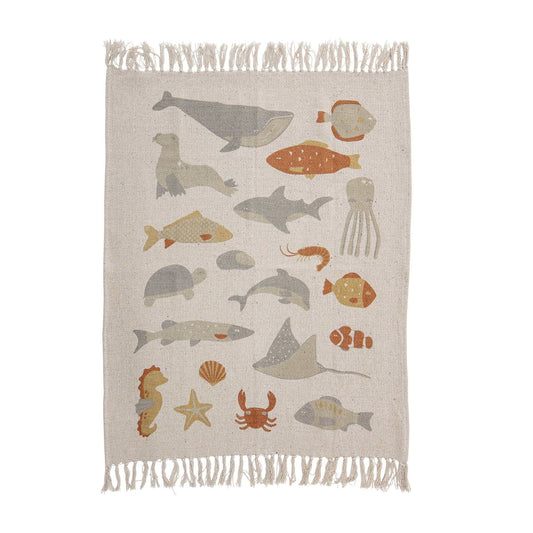 The Abaas Throw by Bloomingville MINI has a beautiful and cute print with different fishes. The throw is made of recycled cotton material and has tassels, which gives a modern look. It is a soft, warm and cozy throw that you easily can use in other rooms than the children's room.  Dimensions: L100cm x H80cm  Material: Recycled Cotton  Machine wash 40 degrees  Tumble Dry Low