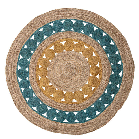 The round rug is made of 100% jute and incorporates multible fun colors- teal and dark yellow  Dimensions: D119cm  Material: 100% Jute