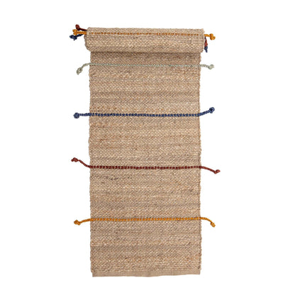 The rug has been woven in 100% jute with small pops of fun colors.  Dimensions: L200 xW50 cm  Material: 100% Jute