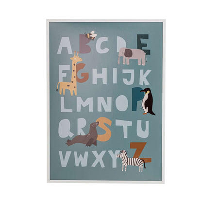 Animal Alphabet Poster Bloomingville MINI is a sweet poster with the alphabet and recognisable animals. The colored letters are accompanied with animals and is a great help to let your kid's learn the alphabet.  Dimensions:L52xH72xW1 cm  Material : Pine and Plexiglass