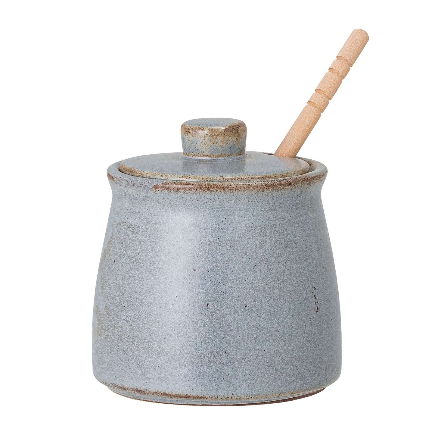 Honey Pot with Birch Dipper  Honey Pot With  Birchwood Dipper by Bloomingville is an oriental inspired honey pot, crafted in blue stoneware and comes with a birch wood dipper. A very practical way of storing stick honey.  Due to the nature of the glaze, color variations may occur.  Capacity: 350ml  D10xH10 cm  Dishwasher safe