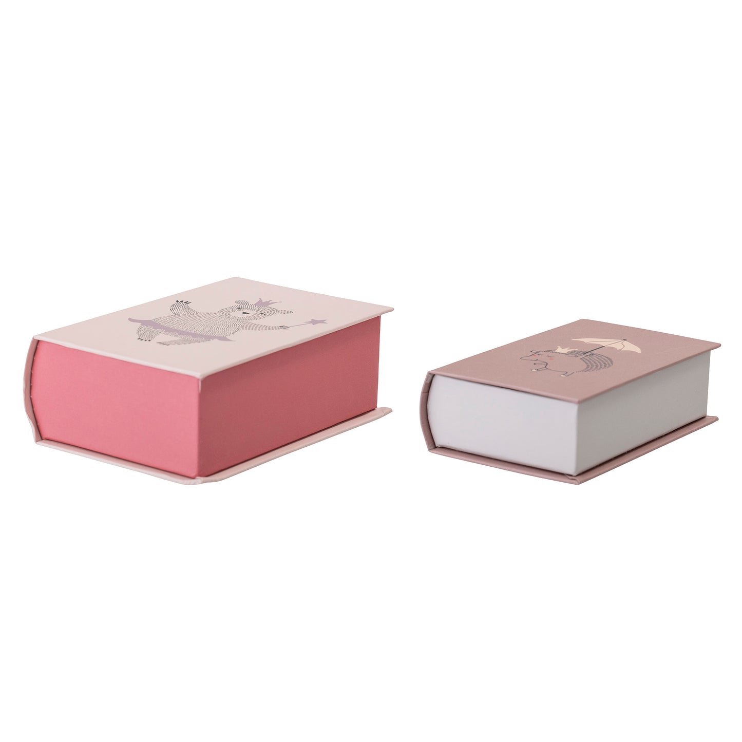 Pink and cream little storage boxes that look like a book. Perfect for hiding little treasures.Dimensions:L14xH4,5xW9/L16xH6xW11 cm, Set of 2  Material: cardboard and paper