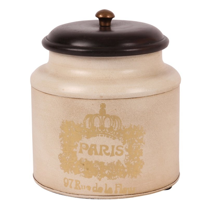 This stylish canister from Dutch Style is perfect for storing items in the home or office. Crafted with a metal body, it has a unique Baroque-style pattern and a wood top. It measures 19x13cm and makes a beautiful statement in any room.  This baroque style iron canister with wooden lid is perfect to use as a storage jar for tea, coffee, sugar or as decoration in any other room of the house. - Generosa