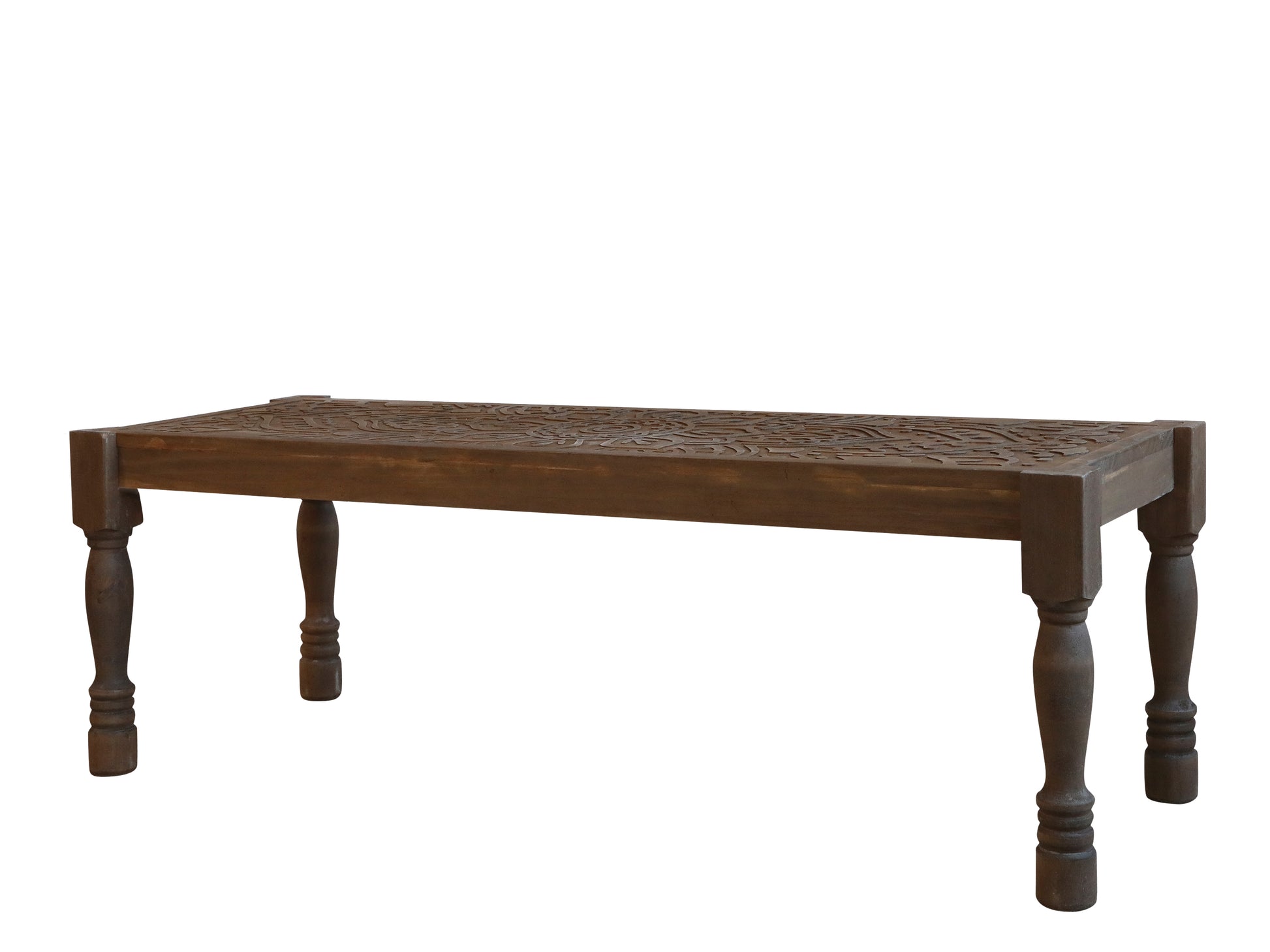 Bench with Carvings on seat, Dimensions 123cm long