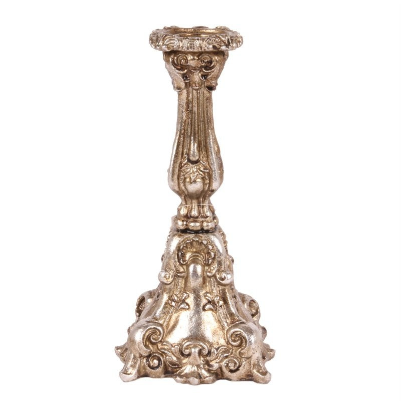 Dim the lights and turn on the atmosphere! You don't need a special occasion to light some candles. This stunning baroque candle holder made of polyresin has an antique silver/gold color and fits standard dinner candles.  Dimensions: H18xW8xD8 cm